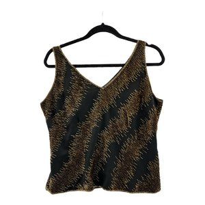 Jkara Womens Tank Top Black Gold Beaded V Neck Lined Zipper L